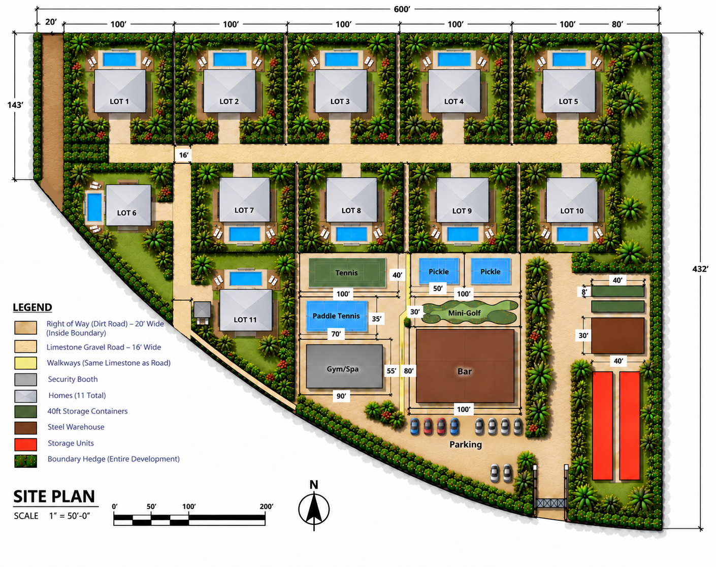 GreenHeart Estate site plan showing the eleven villa lots, courts, mini-golf, gym and spa, bar pavilion and gated entrance